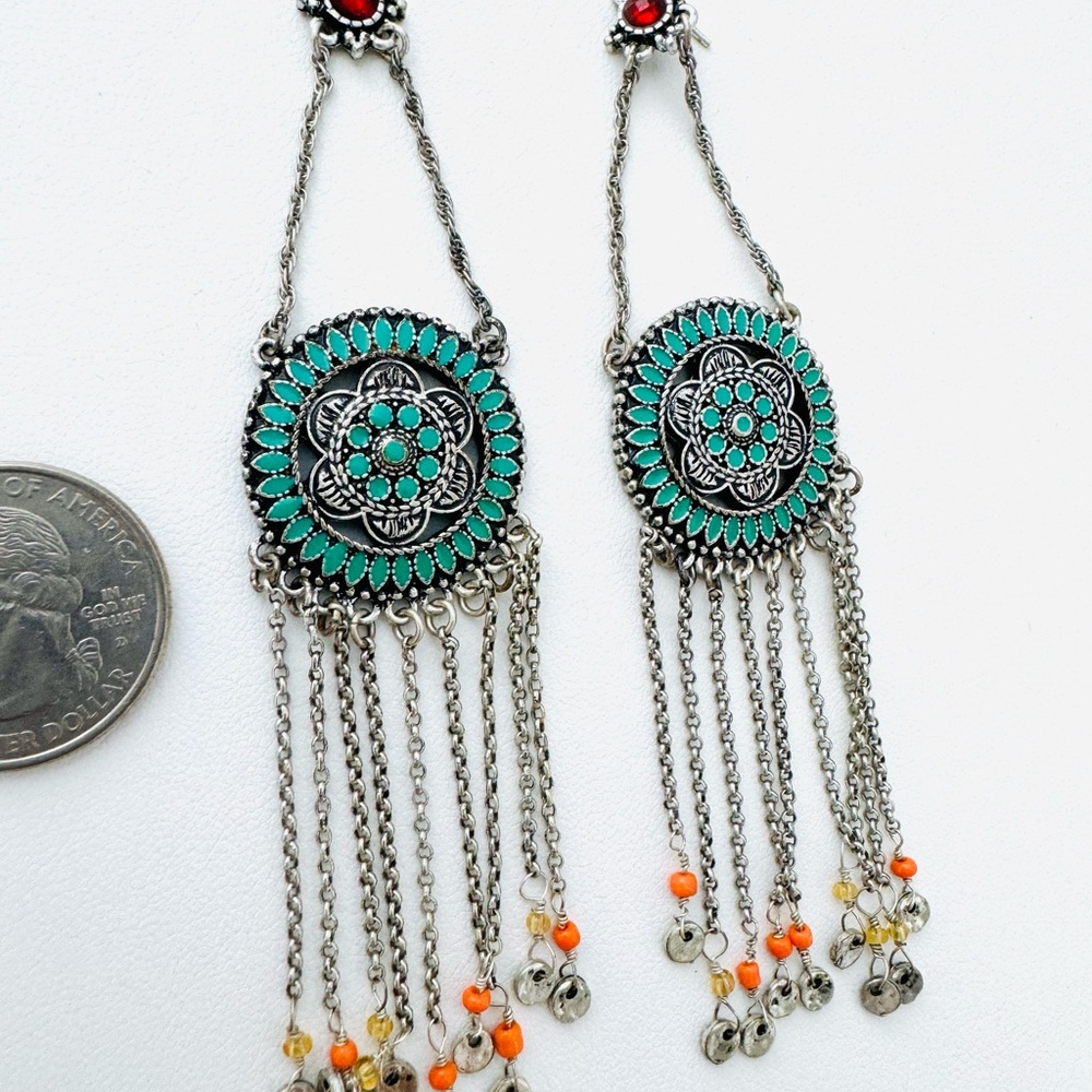 Long Chandelier Dusters Silver and Turquoise Dangle Earrings Cochella Bo…